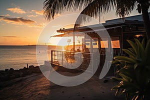 beachside eatery with view of sun setting over the water