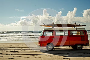 Beachside Getaway: Vibrant Van and Surfboards.