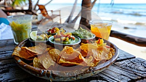 At a beachside hut the food critics are served a platter of crispy plantain chips with a variety of flavorful dips such photo