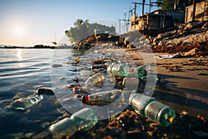 Beachside litter, including plastic bottles, highlights detrimental effects of pollution on shores