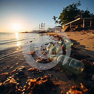 Beachside litter, including plastic bottles, highlights detrimental effects of pollution on shores