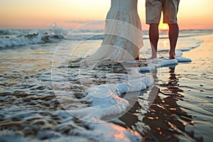 A beachside outdoor wedding ceremony at sunset.