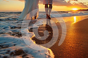 A beachside outdoor wedding ceremony at sunset.