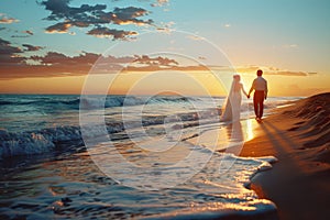 A beachside outdoor wedding ceremony at sunset.