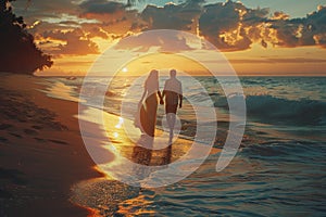 A beachside outdoor wedding ceremony at sunset.