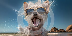 Beachside Poses Smiling Chinese Crested Dog Strikes a Funny Pose with Sunglasses. Generative AI