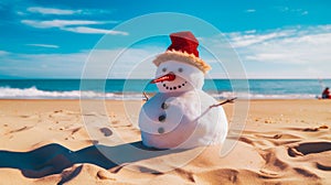 Beachside Snowman: A Winter icon meets Summer sands.Generative AI