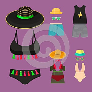 Beachwear bikini cloth fashion looks vacation lifestyle women collection sea light beauty clothes vector illustraton