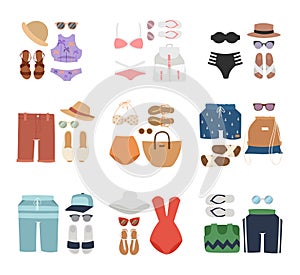 Beachwear fashion travel different flat vector summer icons.