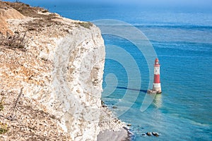 Beachy Head Lighthouse with chalk cliffs near the Eastbourne, East Sussex, England