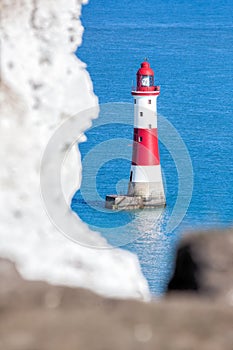 Beachy Head Lighthouse with chalk cliffs near the Eastbourne, East Sussex, England