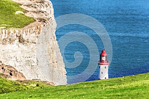 Beachy Head Lighthouse with chalk cliffs near the Eastbourne, East Sussex, England