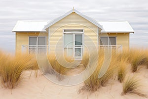 a beachy weatherboard house in pastel yellow amidst dunes