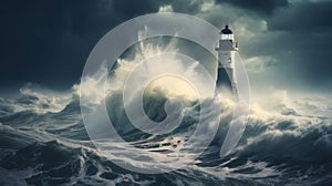 Beacon of hope lighthouse amidst a fierce ocean storm