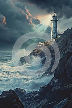 A beacon of safety, the lighthouse casts light over tumultuous seas under storm clouds