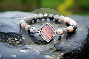 beaded bracelet with a silver charm resting on a marbled stone