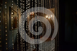 beaded curtain entrance to psychics dimly lit room, client stepping in