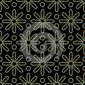 Beaded flowers seamless vector pattern on black background