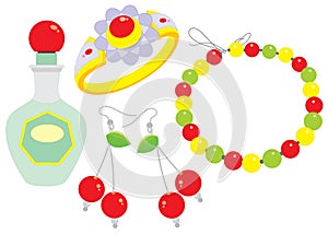 Beads, clips, ring and perfume