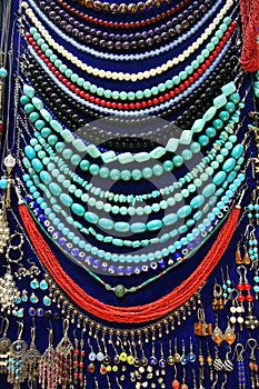 Beads and earrings on display in jewellery shop