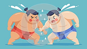 Beads of sweat glisten on the foreheads of the sumo wrestlers as they grapple and push straining with every ounce of photo