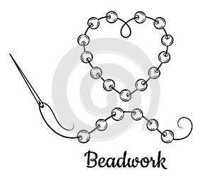 Beadwork embroidery, beading line icon. Sewing needle with thread, beads, Handmade fabric decoration, jewerly making tools. Vector