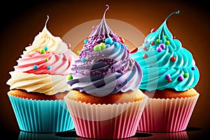 beaful delicious cupcakes with multi-colored cream and original birthday decorations