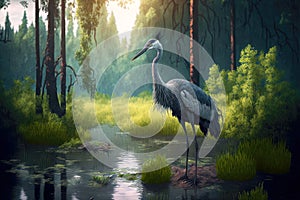 beaful gray crane bird stands on swamp in summer forest