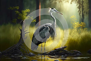 beaful gray crane bird stands on swamp in summer forest