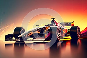 beaful modern racing car for formula one racing against backdrop of sunset, generative ai