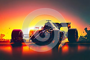 beaful modern racing car for formula one racing against backdrop of sunset, generative ai