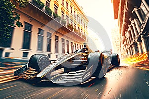 beaful modern racing car for formula one racing drives down street of city, generative ai