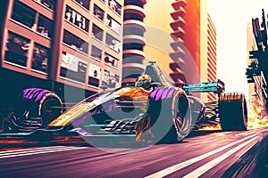 beaful modern racing car for formula one racing drives down street of city, generative ai