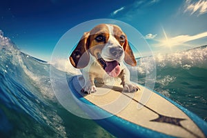 Beagle Beach Fun: Sunglassed Pup Takes on the Surfboard with Joy - Generative AI