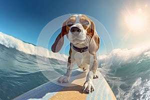 Beagle on Board: Happy Dog Rides the Waves in Sunglasses - Generative AI