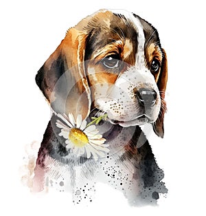 Beagle breed puppy, dog in Chamomile flowers watercolor