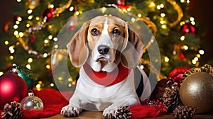 Beagle Christmas dog background. Happy New Year, Merry Christmas concept. Portrait of Cute Beagle puppy breed wearing