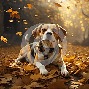 Beagle dog in autumn park. Beagle dog sitting on the yellow leaves. Generative AI