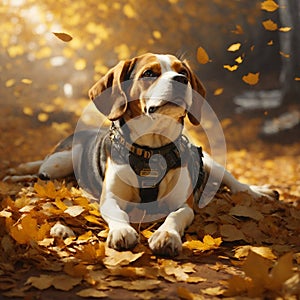 Beagle dog in autumn park. Beagle dog sitting on the yellow leaves. Generative AI