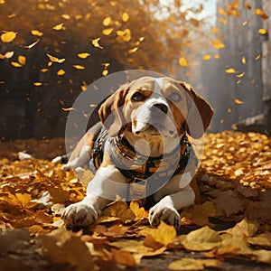 Beagle dog in autumn park. Beagle dog sitting on the yellow leaves. Generative AI