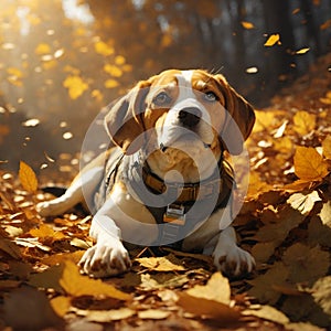 Beagle dog in autumn park. Beagle dog sitting on the yellow leaves. Generative AI