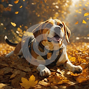 Beagle dog in autumn park. Beagle dog sitting on the yellow leaves. Generative AI