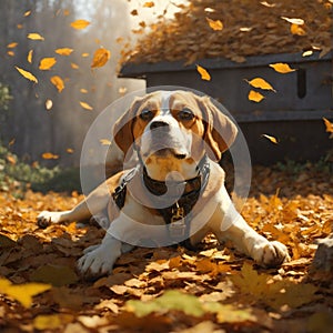 Beagle dog in autumn park. Beagle dog sitting on the yellow leaves. Generative AI