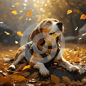 Beagle dog in autumn park. Beagle dog sitting on the yellow leaves. Generative AI