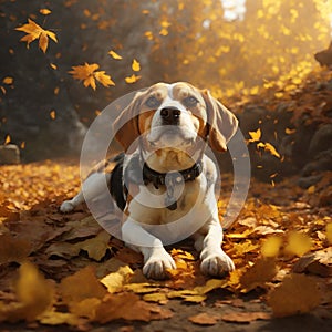 Beagle dog in autumn park. Beagle dog sitting on the yellow leaves. Generative AI