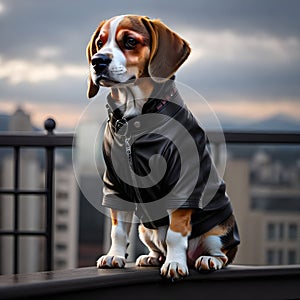 beagle dog with a black leather jacket