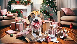 Beagle Dog with Damaged Gifts and Christmas Tree
