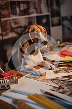 A beagle dog sitting on a desk next to a pile of papers. Generative AI image.