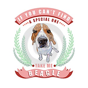 Beagle dog sitting in frame ,leaves and ribbon with text on white background