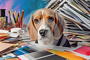A beagle dog sitting in front of a pile of papers. Generative AI image.